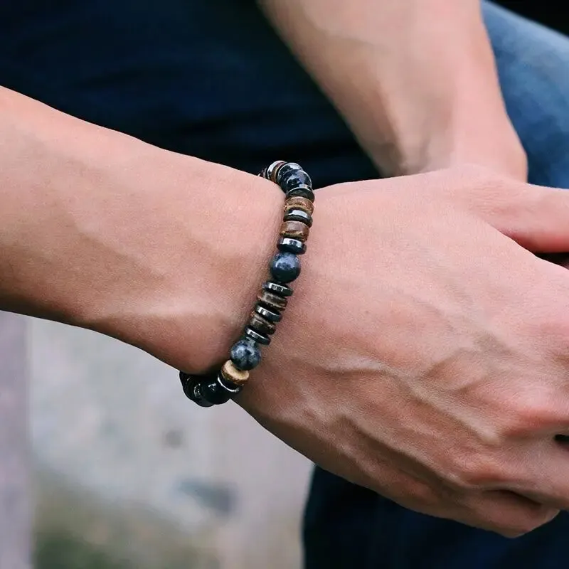 Natural Wooden Bracelet Homme Black Hematite Stone Beaded Braclet Men Accessories Casual Jewelry Tiger Eyes Volcanic Braslet