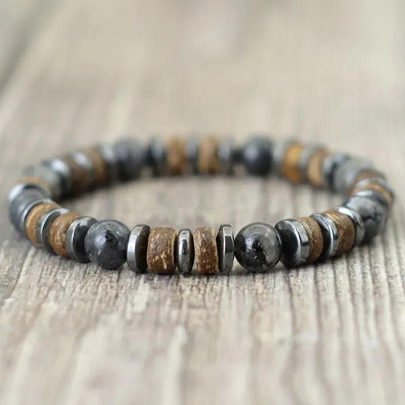 Natural Wooden Bracelet Homme Black Hematite Stone Beaded Braclet Men Accessories Casual Jewelry Tiger Eyes Volcanic Braslet