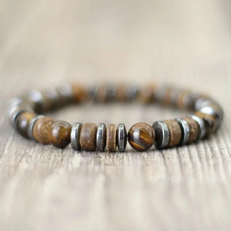 Natural Wooden Bracelet Homme Black Hematite Stone Beaded Braclet Men Accessories Casual Jewelry Tiger Eyes Volcanic Braslet