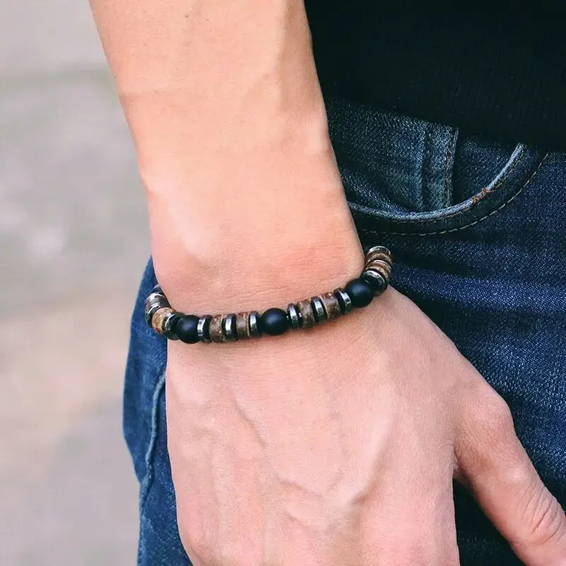 Natural Wooden Bracelet Homme Black Hematite Stone Beaded Braclet Men Accessories Casual Jewelry Tiger Eyes Volcanic Braslet