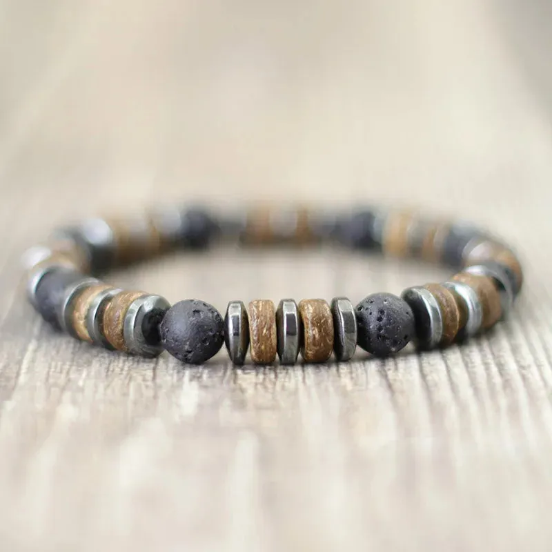 Natural Wooden Bracelet Homme Black Hematite Stone Beaded Braclet Men Accessories Casual Jewelry Tiger Eyes Volcanic Braslet