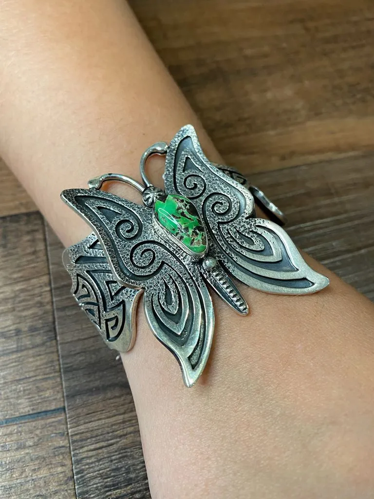 Navajo Carico Lake Turquoise Butterfly Sterling Silver Cuff Bracelet