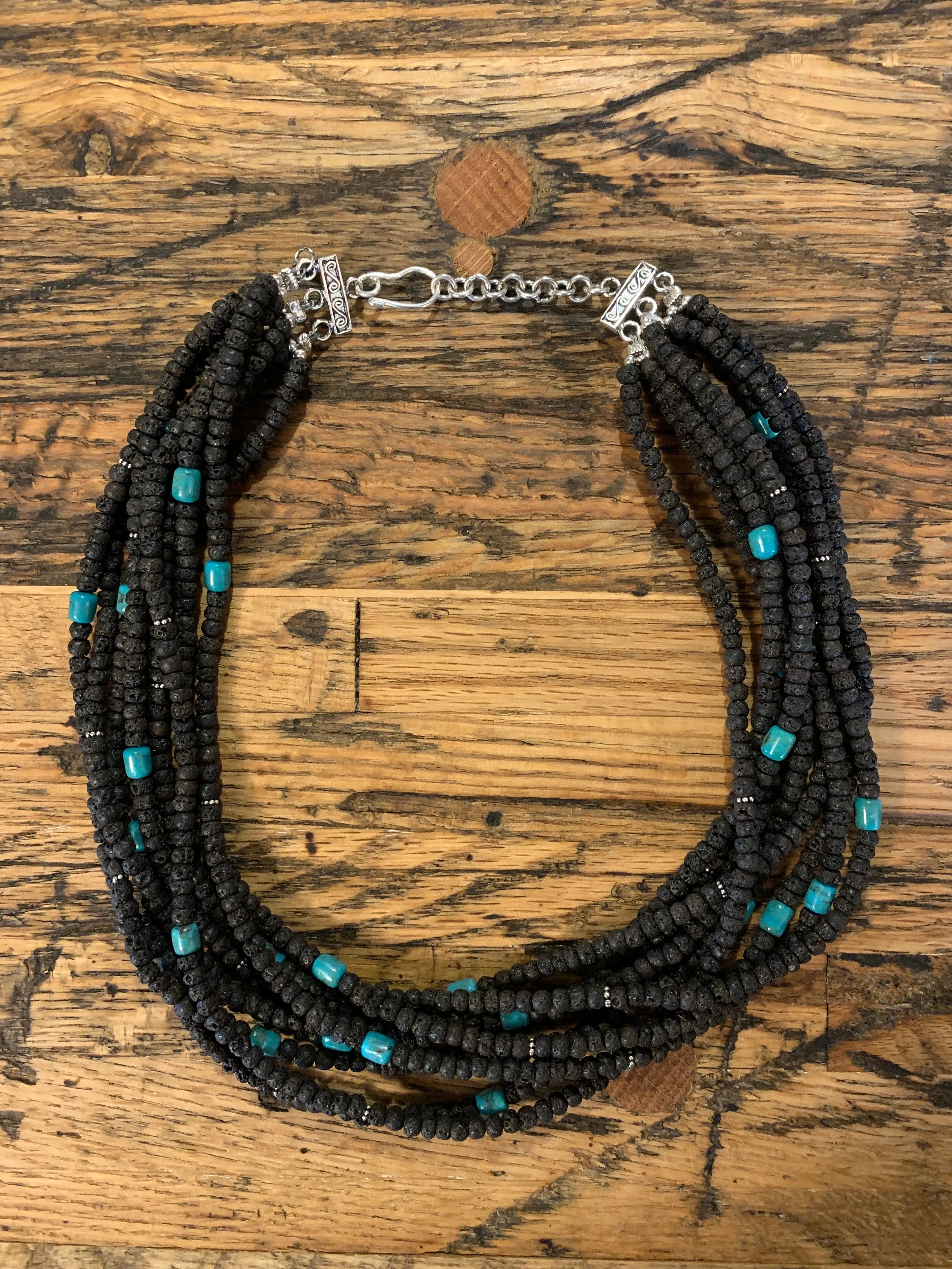 Necklace, Lava & Turquoise Beads, Nine Strands, 287B - Sale!