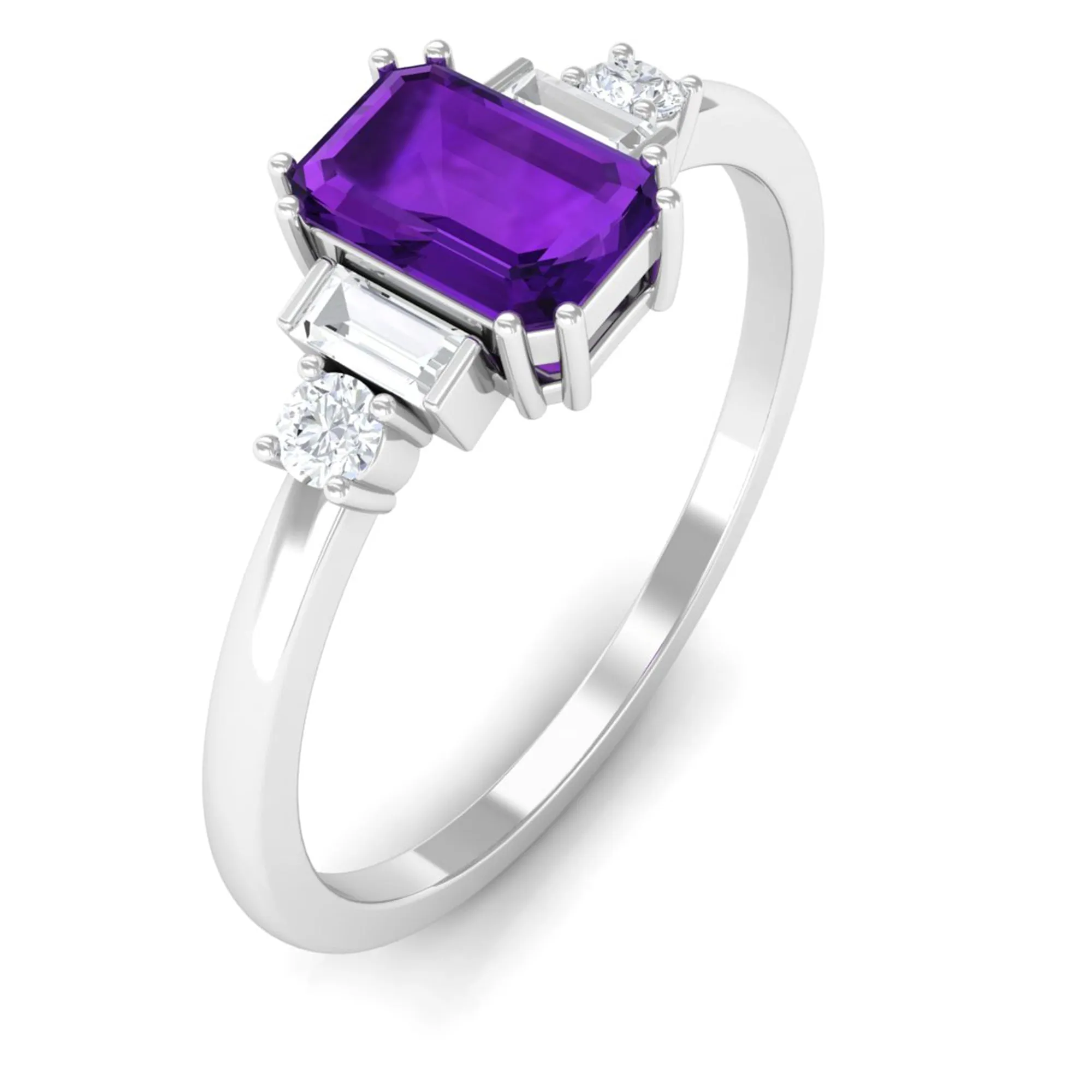 Octagon Amethyst Solitaire Engagement Ring with Diamond