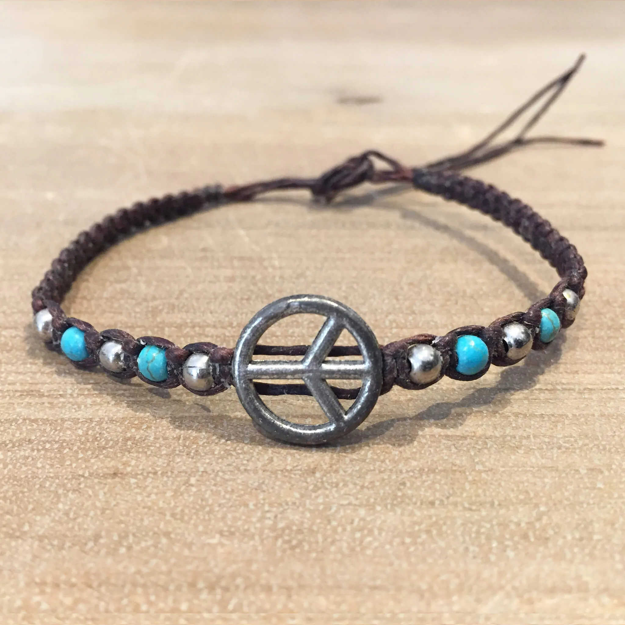 Peace Symbol Wax Cord Braided Bracelet