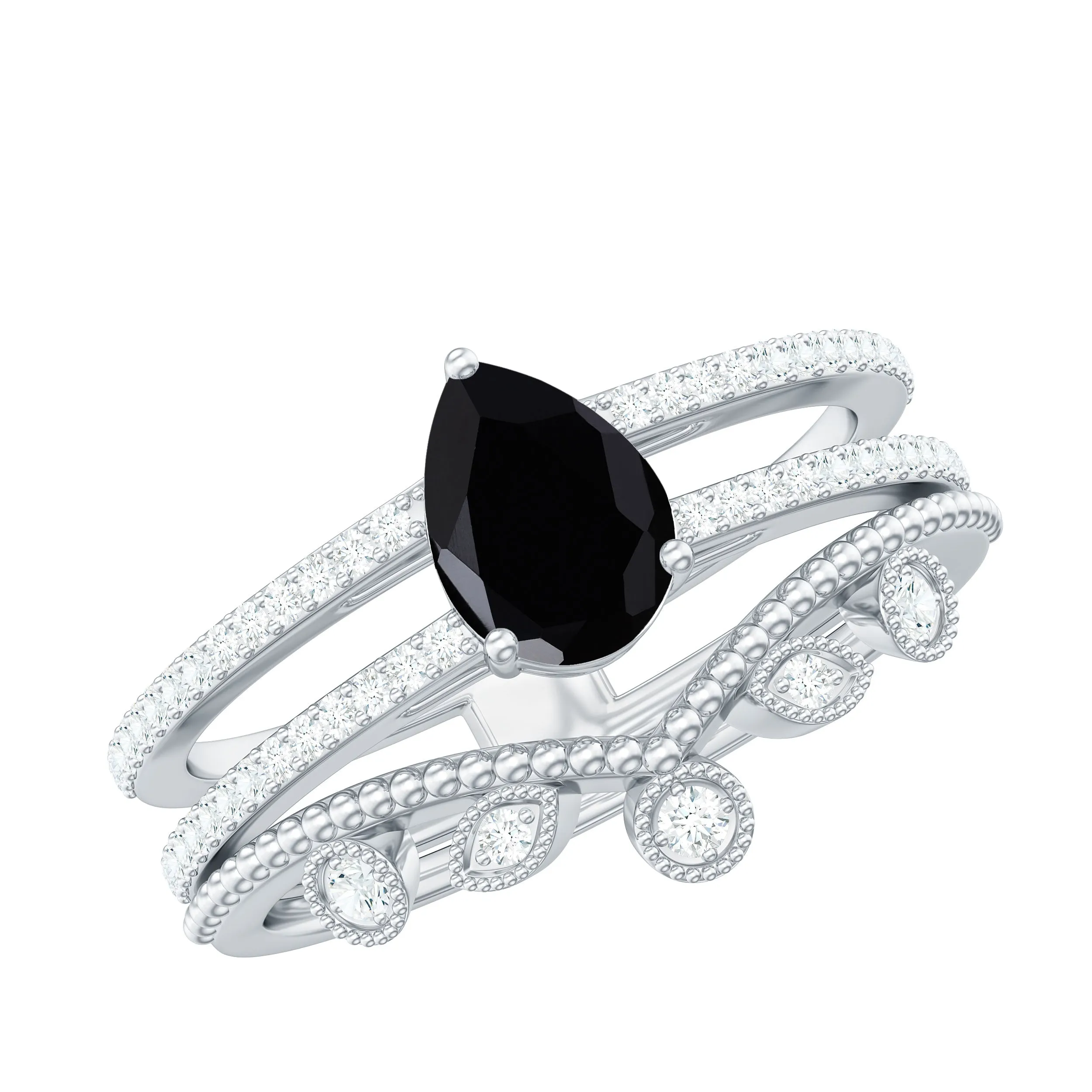 Pear Cut Real Black Onyx and Diamond Wedding Ring Set