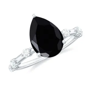 Pear Shape Black Onyx Solitaire Engagement Ring with Diamond