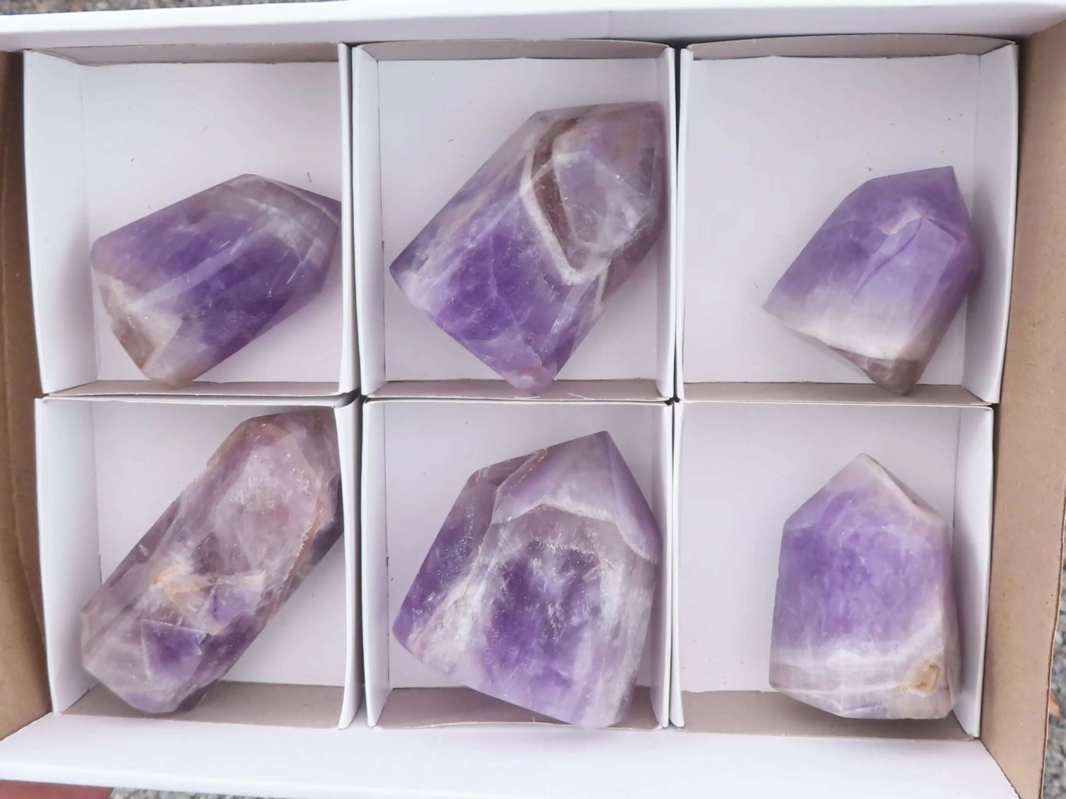 Polished Smokey Patterned Amethyst Points x 6 From Madagascar