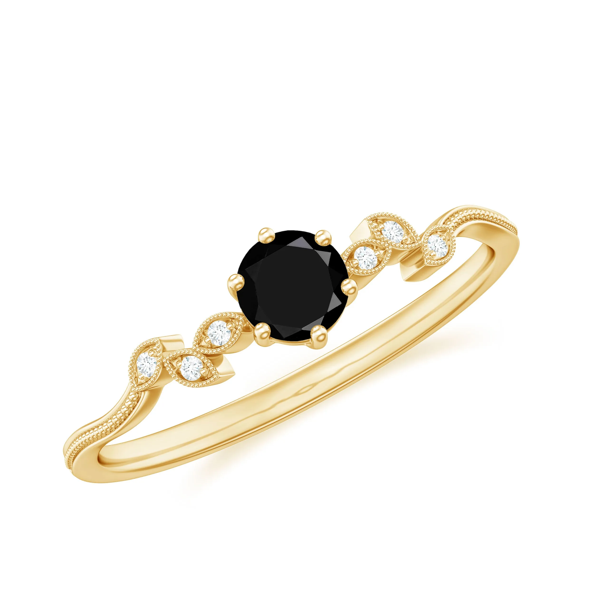 Prong Set Black Onyx and Beaded Diamond Promise Ring