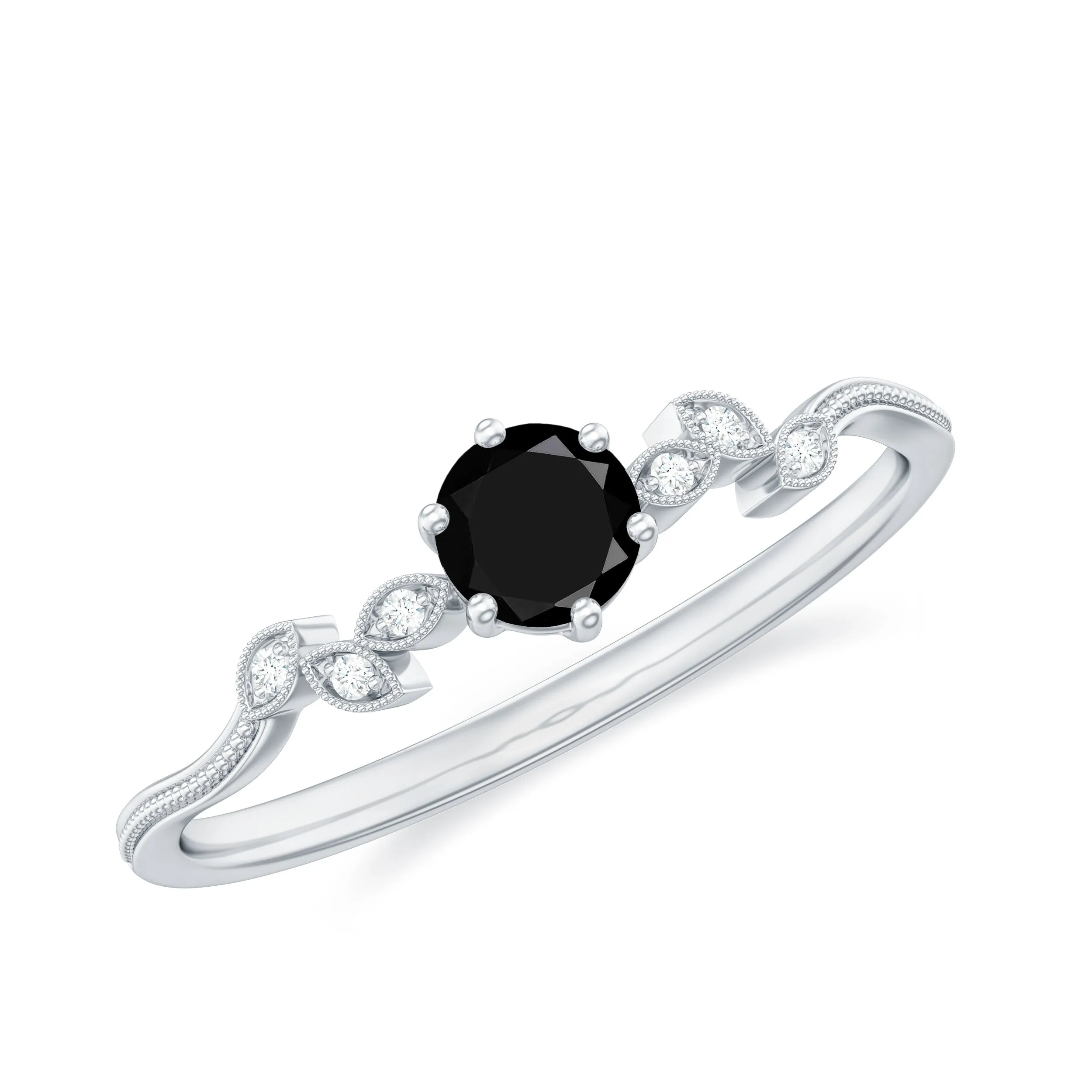 Prong Set Black Onyx and Beaded Diamond Promise Ring