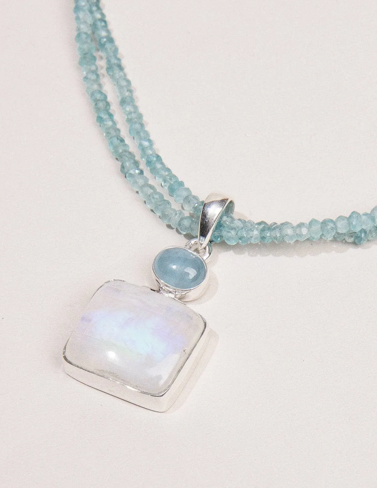 Rainbow Moonstone and Aquamarine on Blue Apatite Bead Necklace - One of a Kind