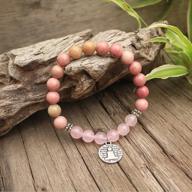 Rhodochrosite & Rose Quartz Bracelet with Charm