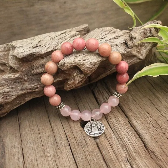 Rhodochrosite & Rose Quartz Bracelet with Charm