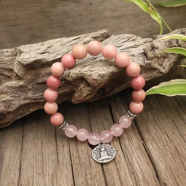 Rhodochrosite & Rose Quartz Bracelet with Charm