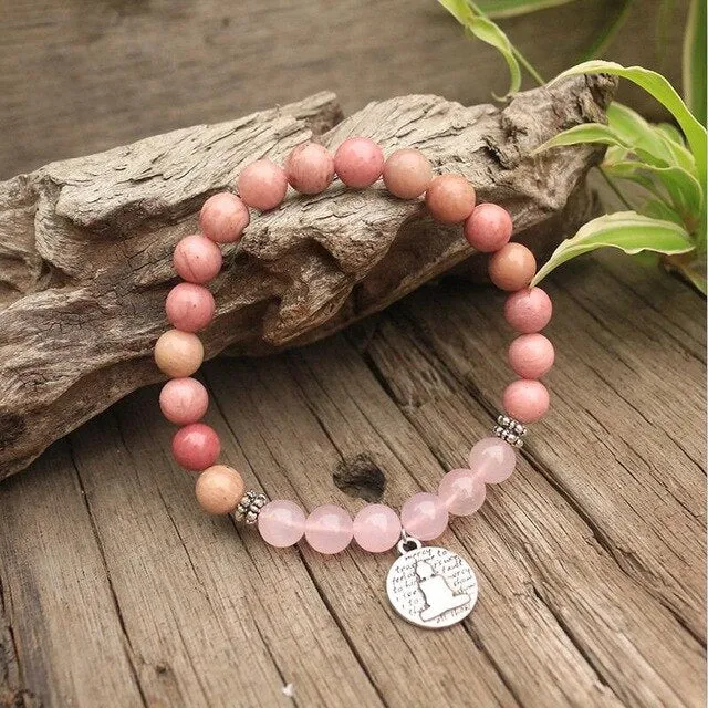 Rhodochrosite & Rose Quartz Bracelet with Charm