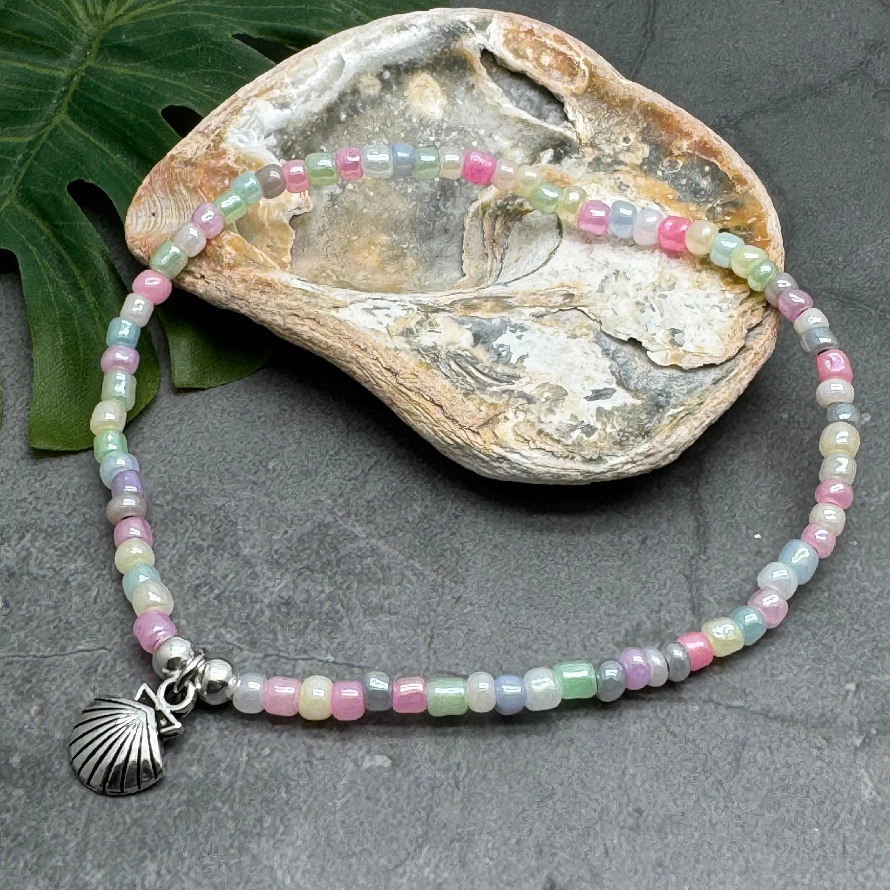 Shell Charm Pale Pastel Seed Bead Anklet