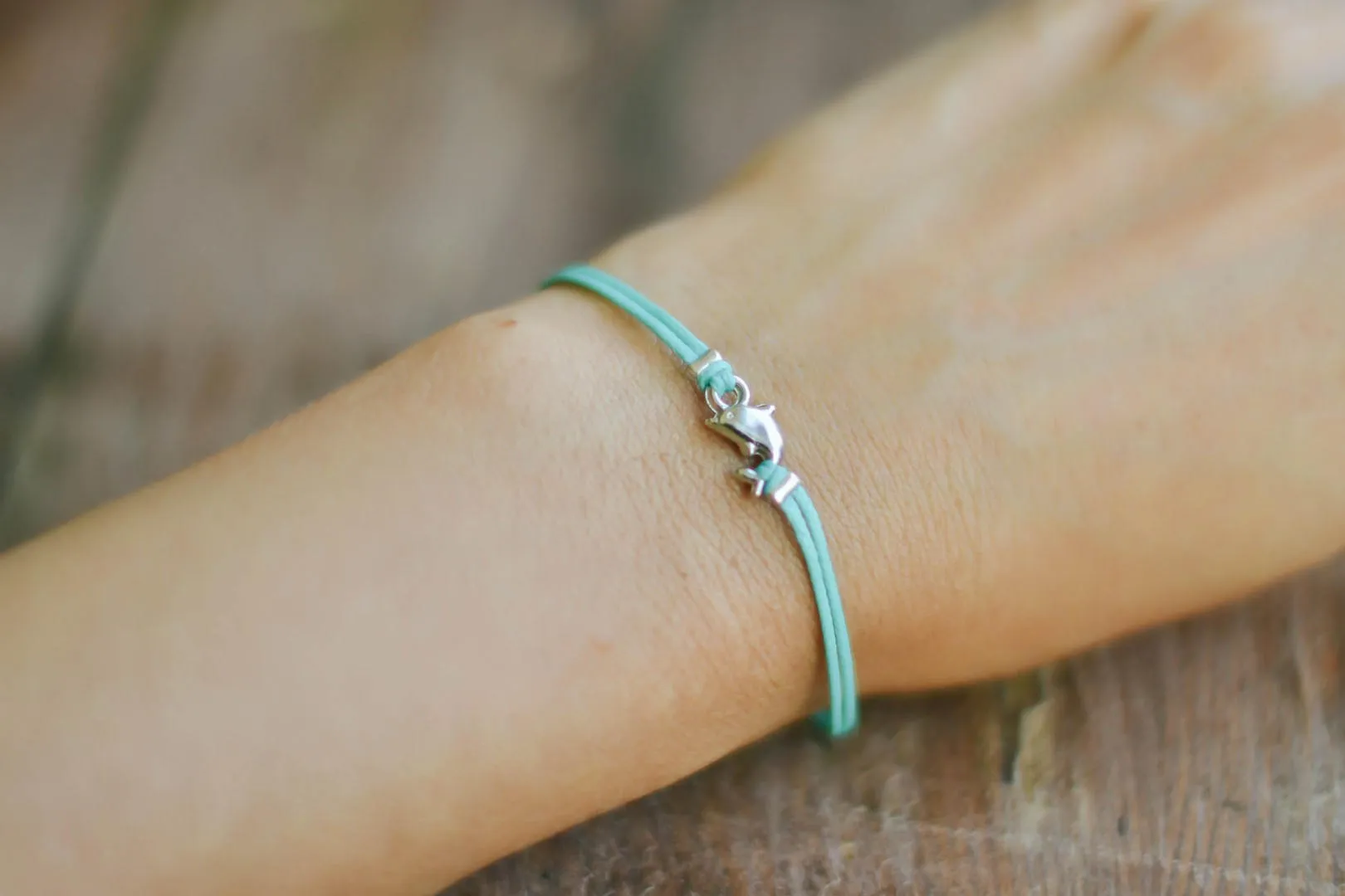 Silver Dolphin charm bracelet for women, turquoise cord