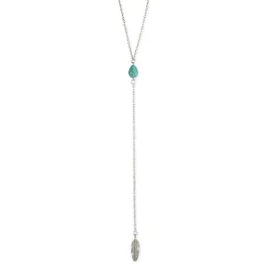 Silver Turquoise and Feather Y Long Necklace