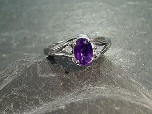 Size 7.5 Amethyst, CZ, Rhodium Plated Sterling Silver Ring