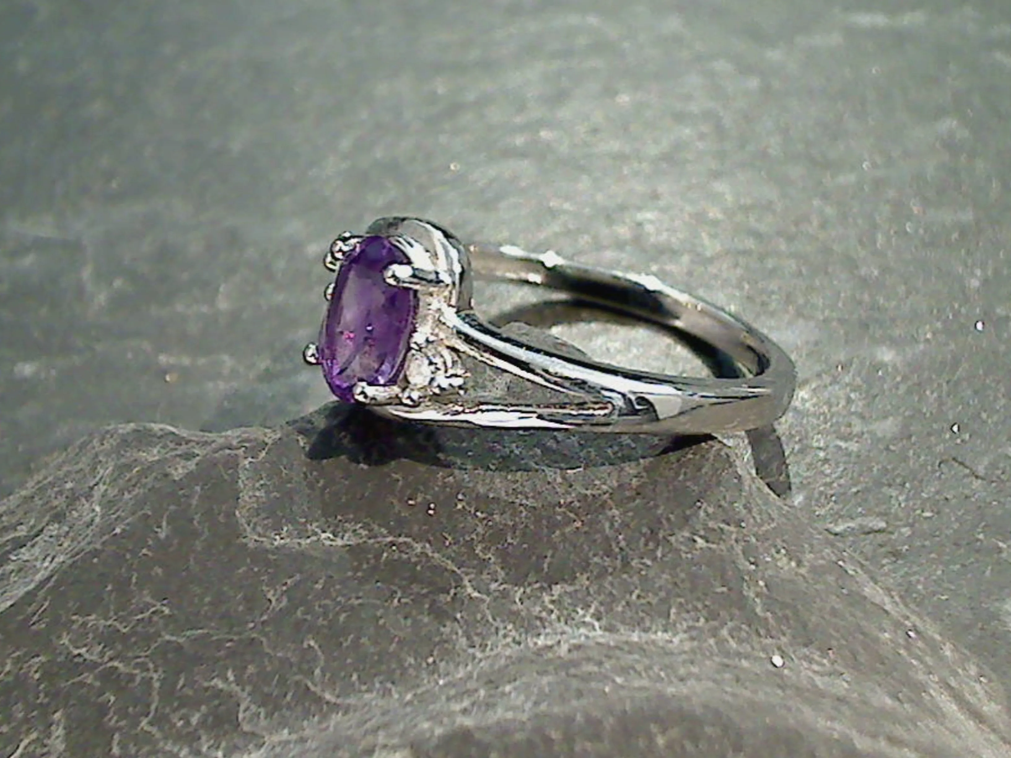 Size 7.5 Amethyst, CZ, Rhodium Plated Sterling Silver Ring