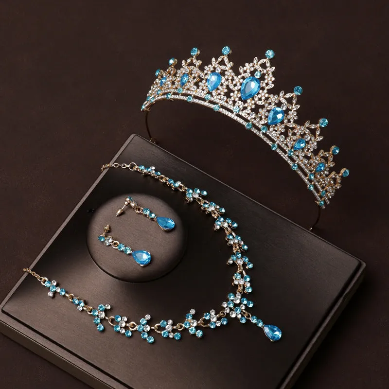 Sky blue crown bridal tiara main wedding necklace three-piece set grand luxury wedding high-end birthday crown