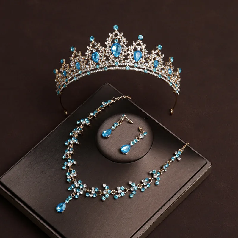 Sky blue crown bridal tiara main wedding necklace three-piece set grand luxury wedding high-end birthday crown