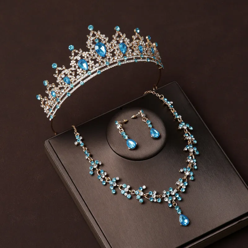 Sky blue crown bridal tiara main wedding necklace three-piece set grand luxury wedding high-end birthday crown