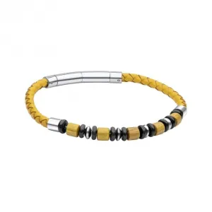 Stainless Steel Mustard Yellow Leather Bracelet With Wood and Black Onyx Beads Bracelet B5462