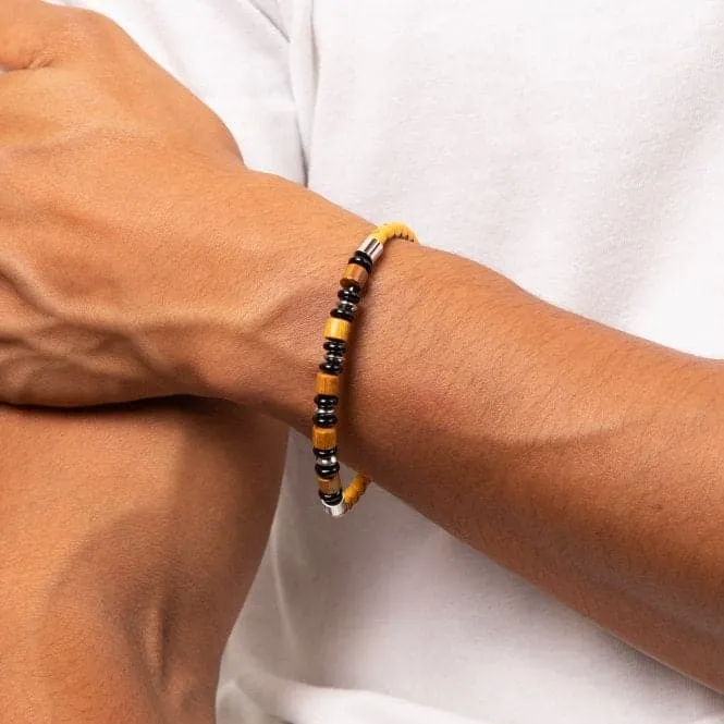 Stainless Steel Mustard Yellow Leather Bracelet With Wood and Black Onyx Beads Bracelet B5462