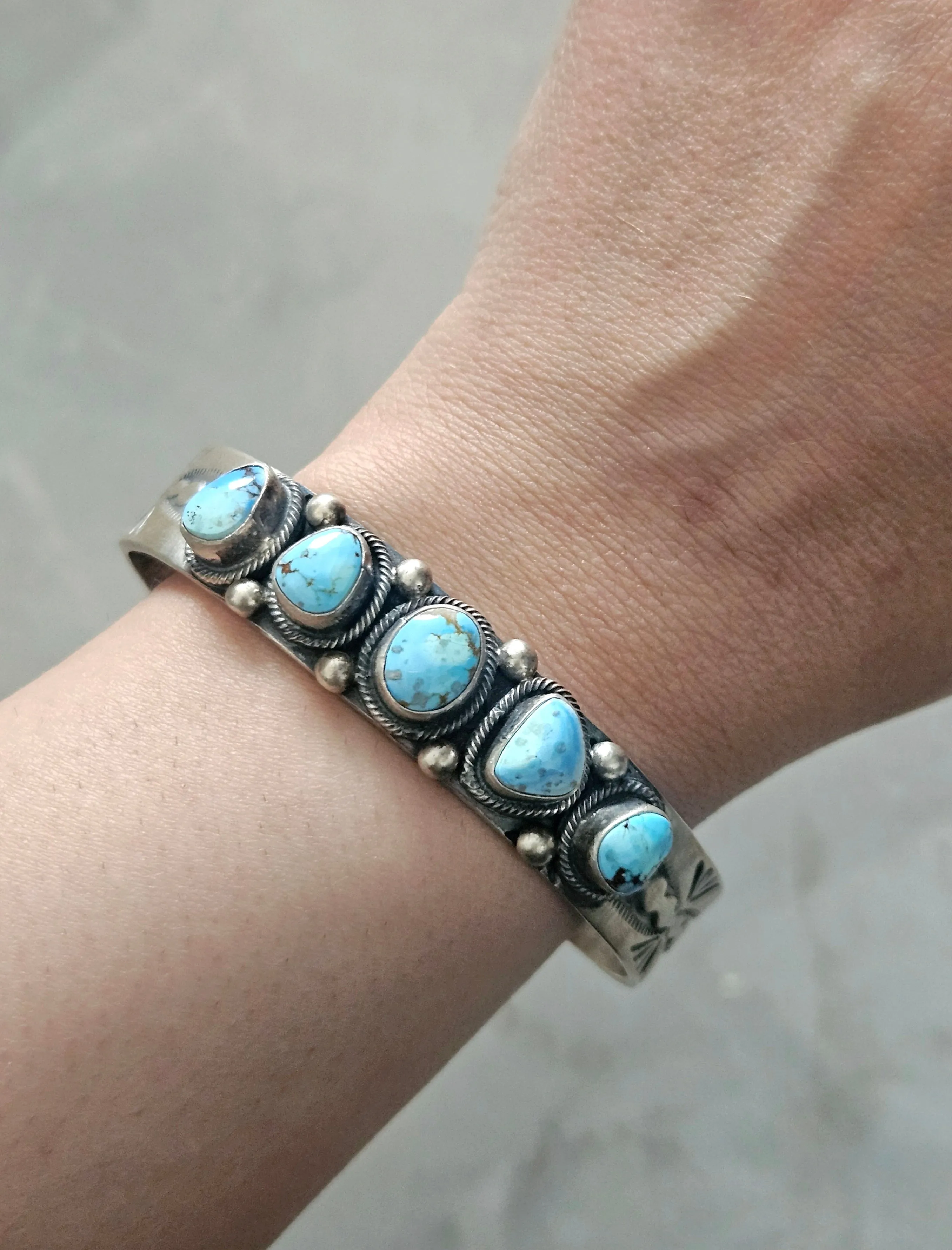 Stamped Sterling Silver Golden Hills Turquoise 5 Stone Cuff Bracelet