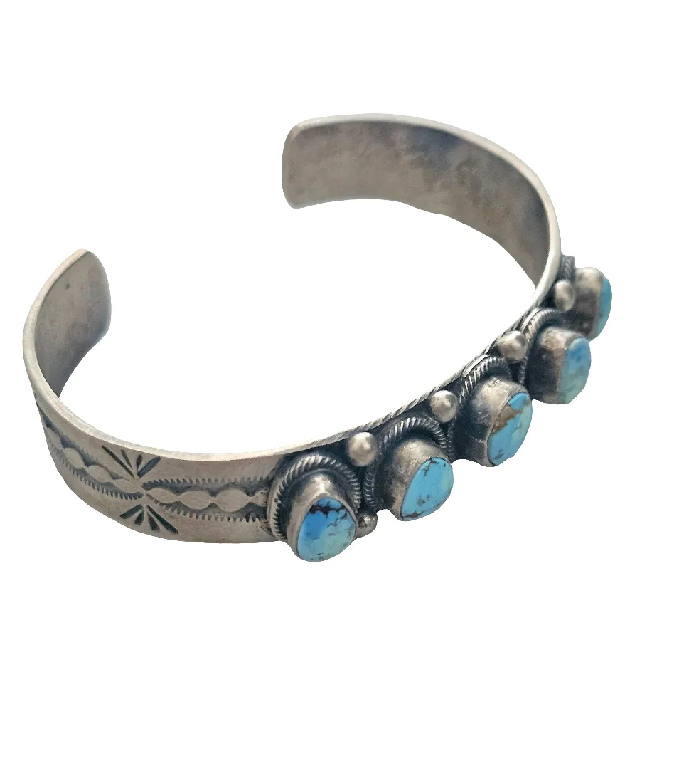 Stamped Sterling Silver Golden Hills Turquoise 5 Stone Cuff Bracelet