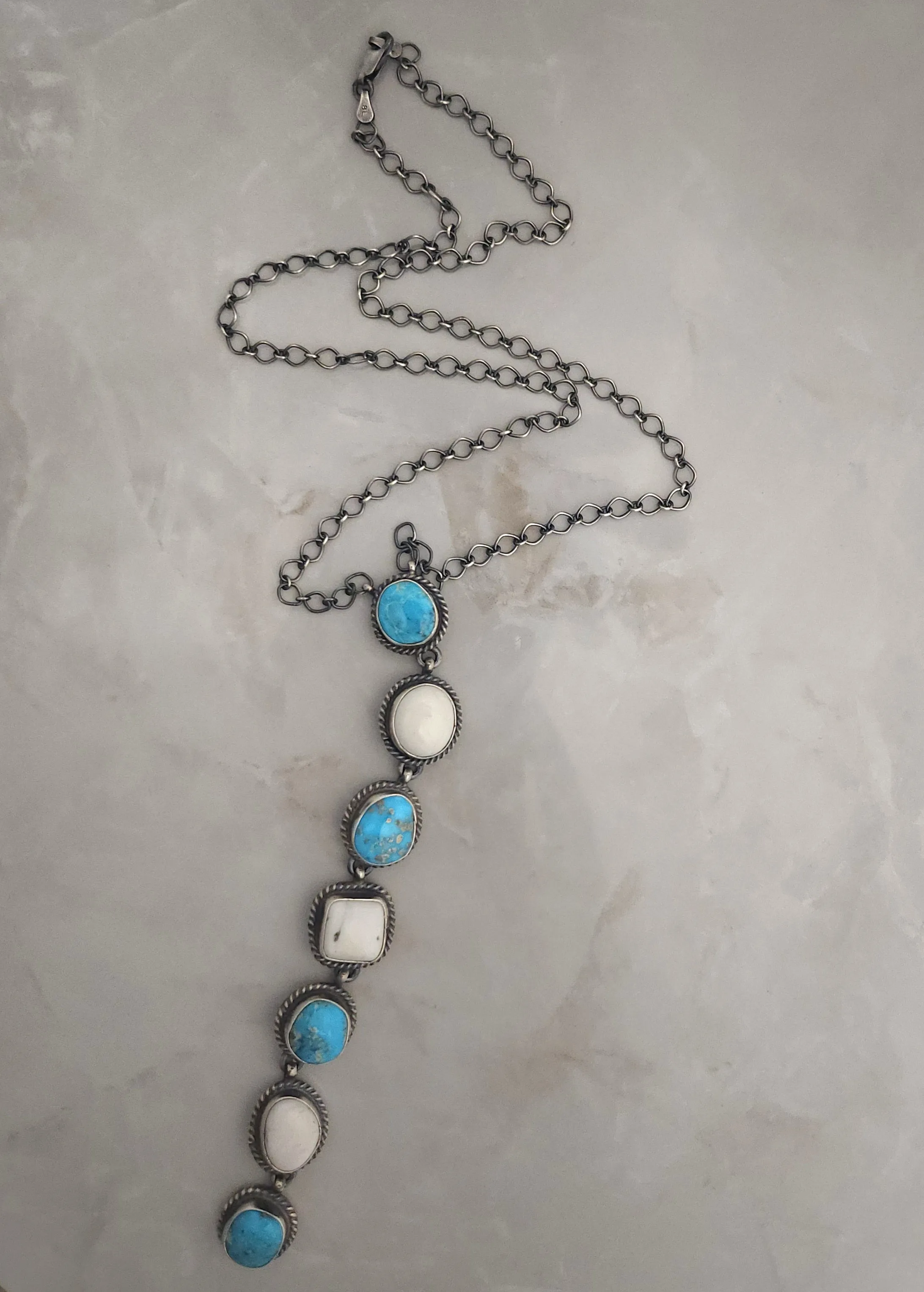 Stamped Sterling Silver Turquoise & White Buffalo 7 Stone Lariat Drop Necklace