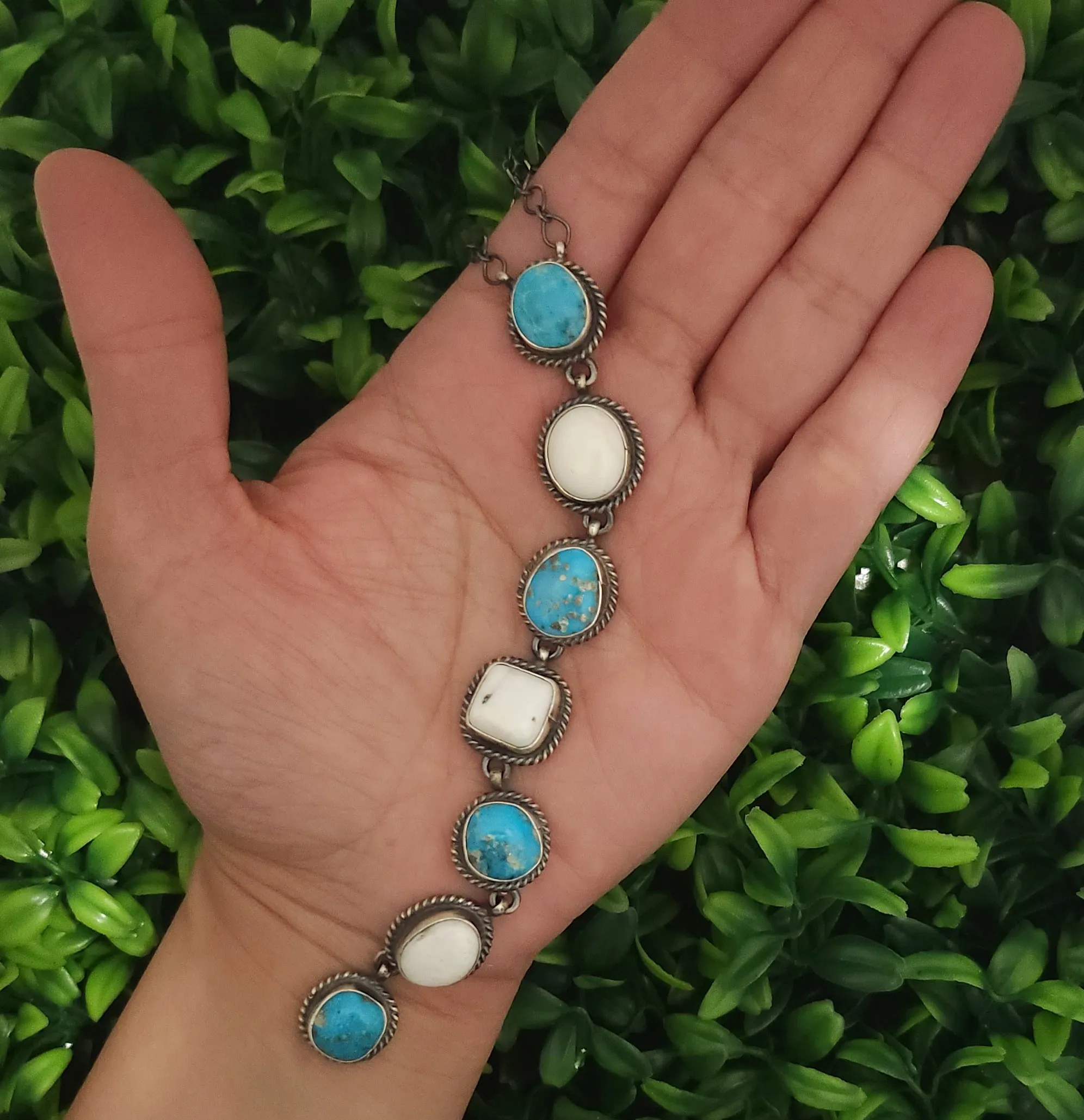 Stamped Sterling Silver Turquoise & White Buffalo 7 Stone Lariat Drop Necklace