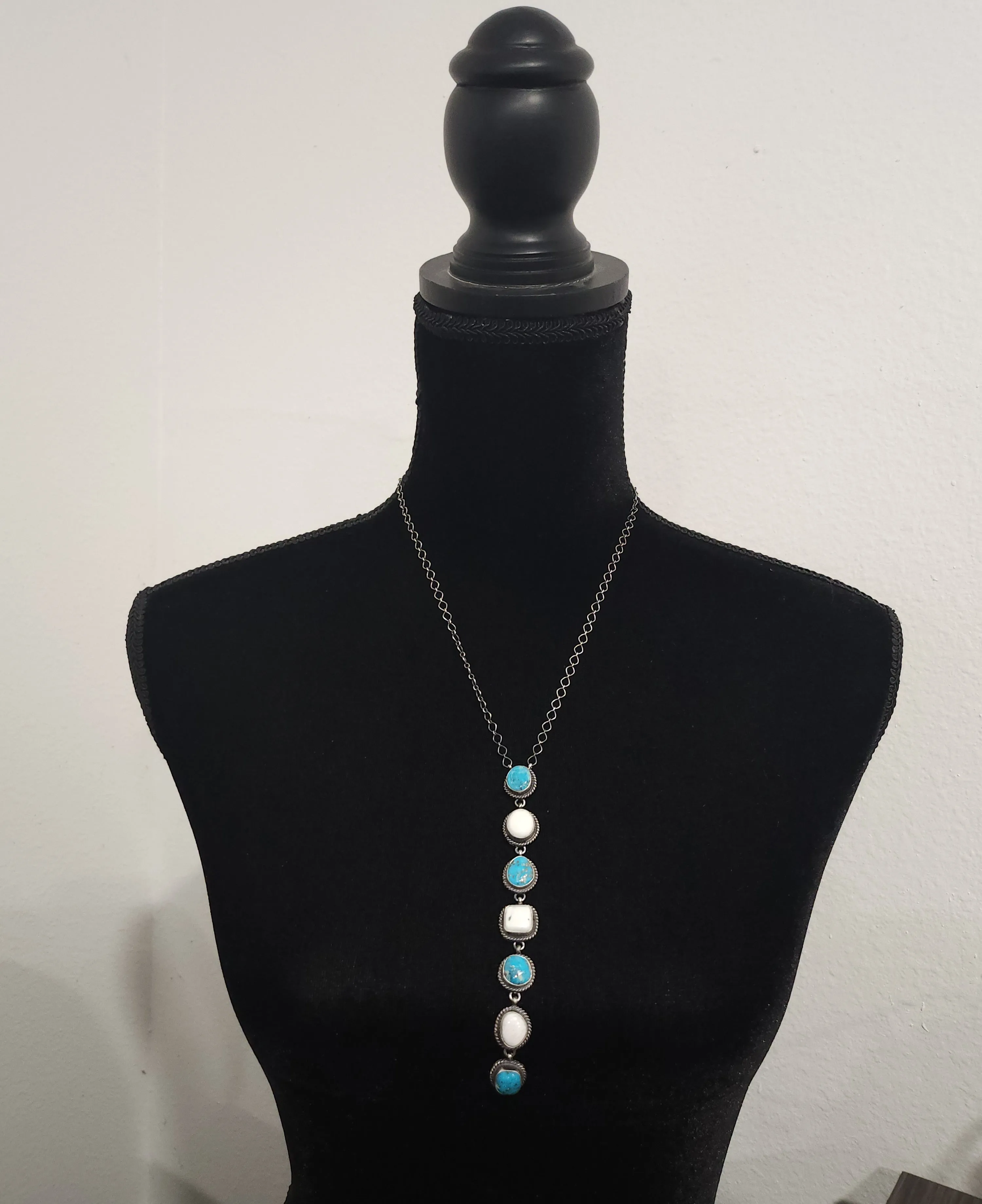 Stamped Sterling Silver Turquoise & White Buffalo 7 Stone Lariat Drop Necklace