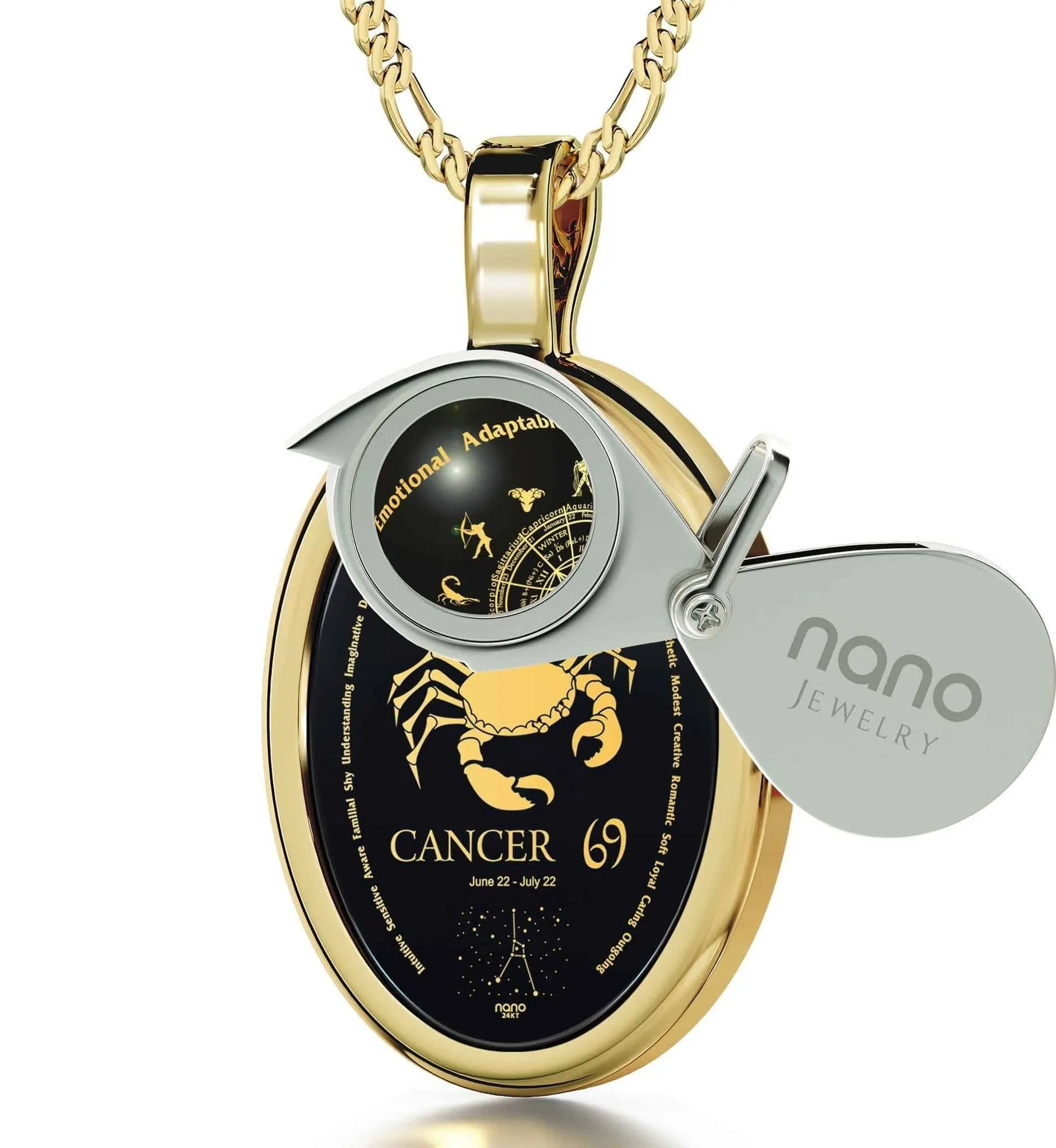 The World of Cancer, Sterling Silver Gold Plated (Vermeil) Necklace, Onyx