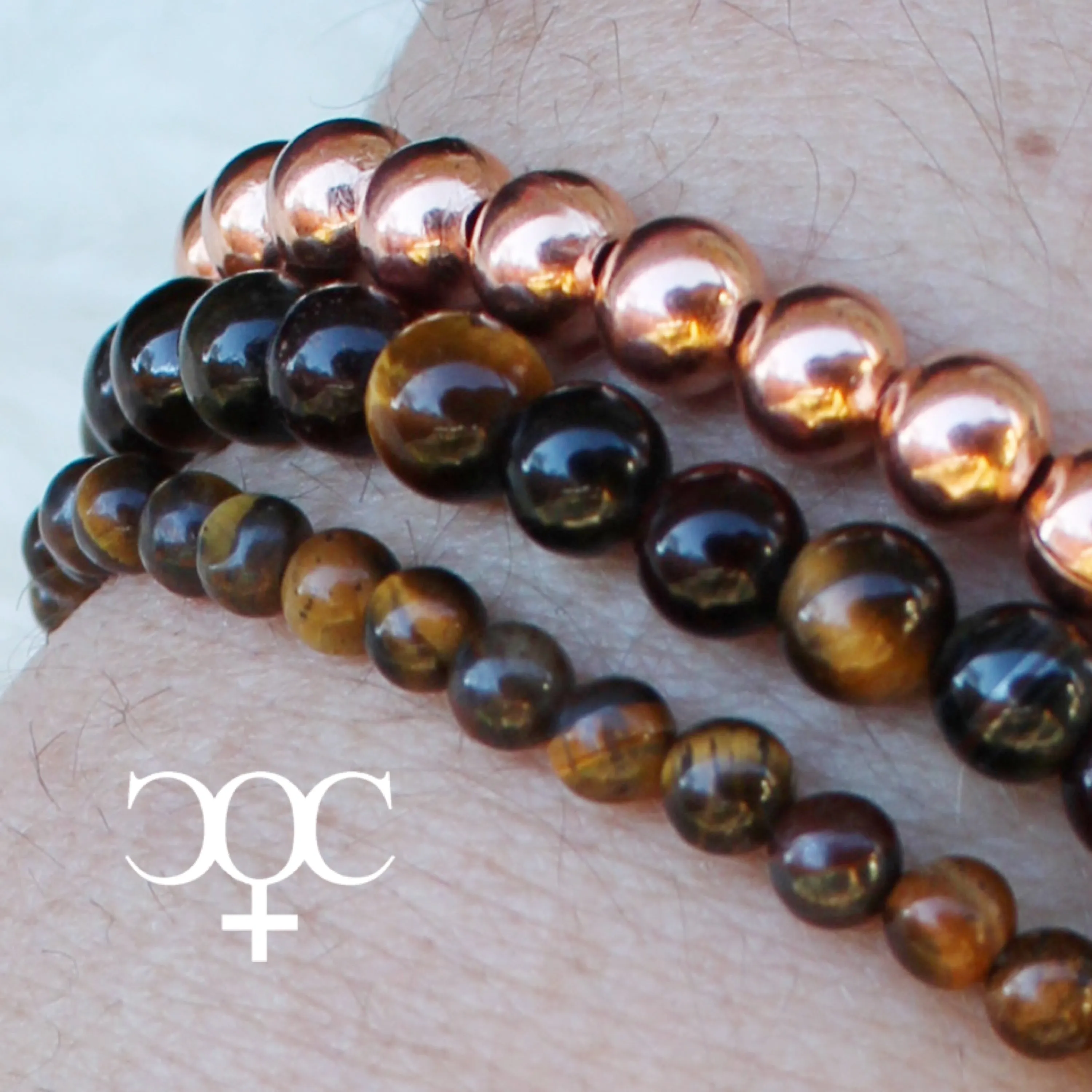 Tiger Eye Copper Bracelet Set Round Beaded Elastic Golden Tiger Eye Copper Bracelets 3 Piece Set