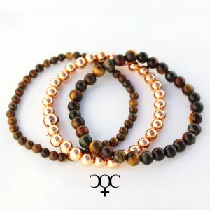 Tiger Eye Copper Bracelet Set Round Beaded Elastic Golden Tiger Eye Copper Bracelets 3 Piece Set