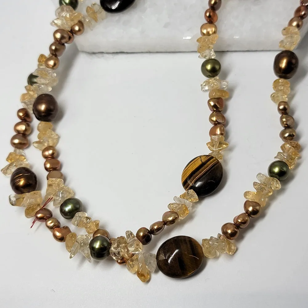 Tigers Eye Pearl and Citrine Necklace