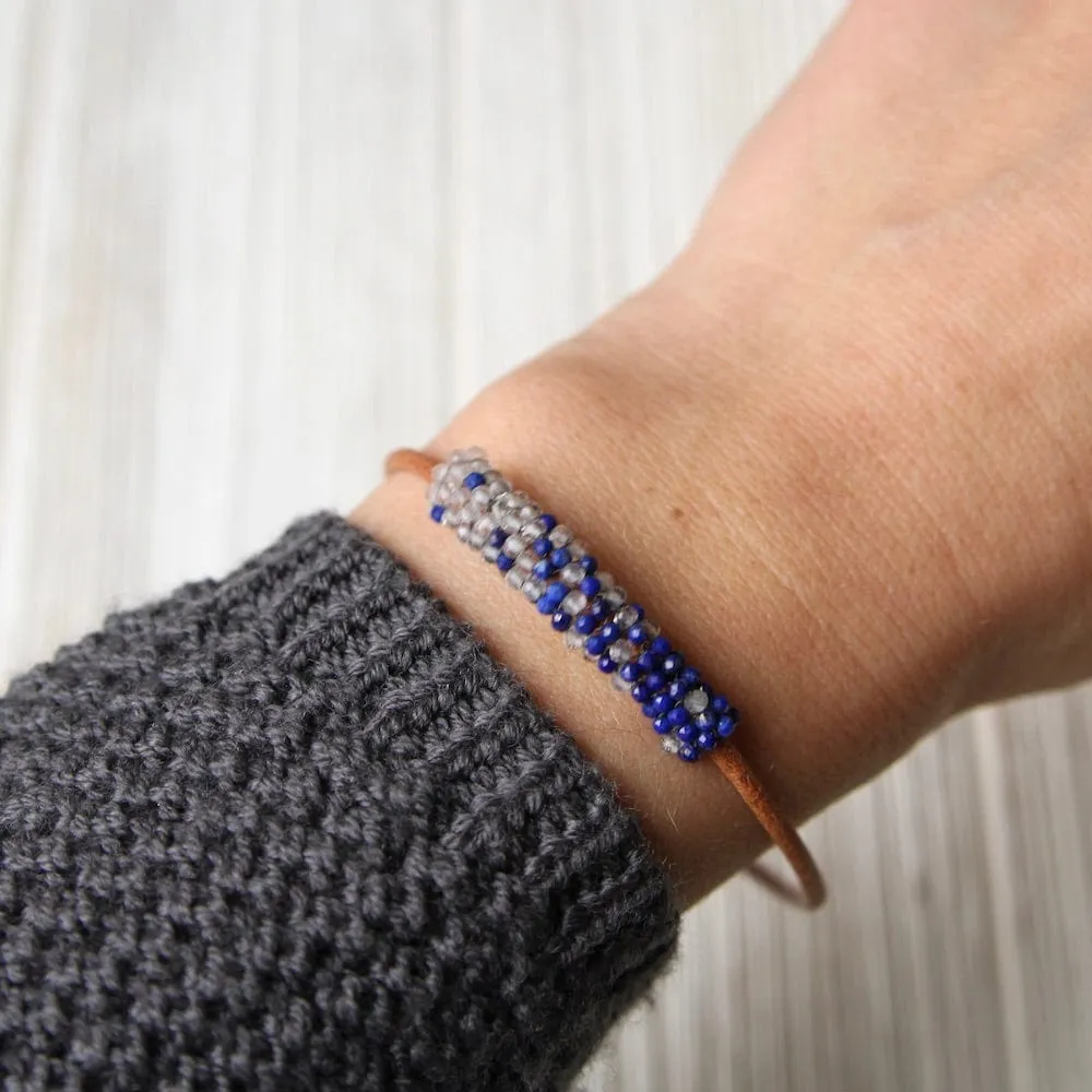 Tiny Lapis and White Topaz Hand Stitched Leather Cuff