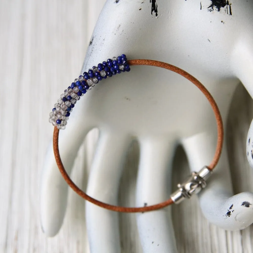 Tiny Lapis and White Topaz Hand Stitched Leather Cuff