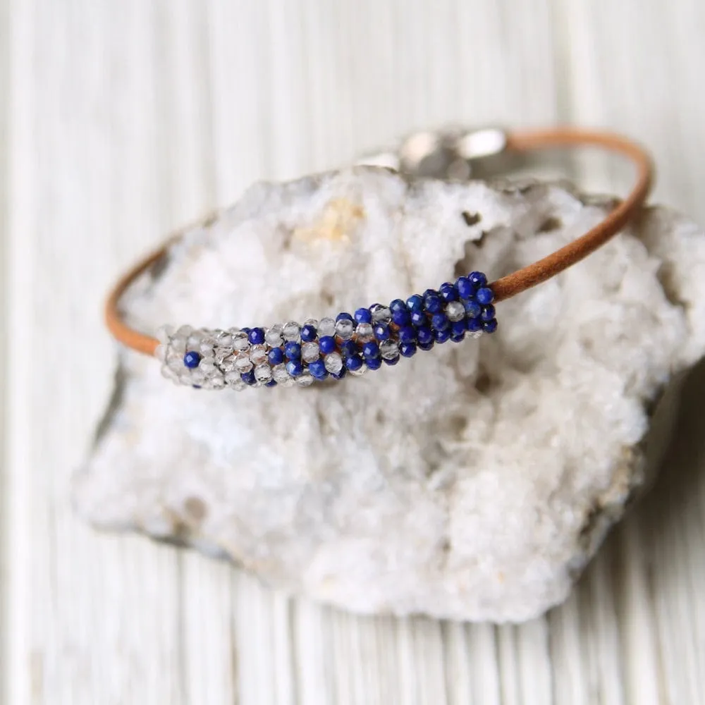 Tiny Lapis and White Topaz Hand Stitched Leather Cuff