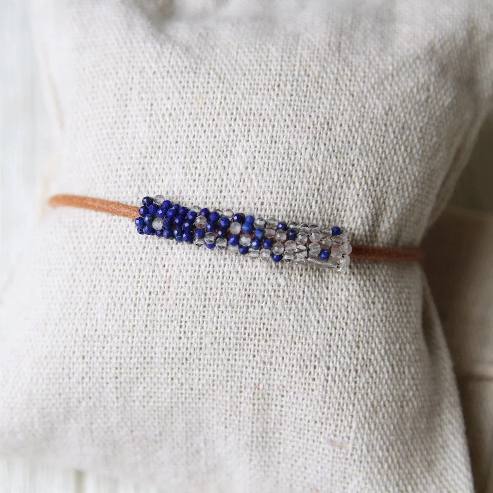 Tiny Lapis and White Topaz Hand Stitched Leather Cuff