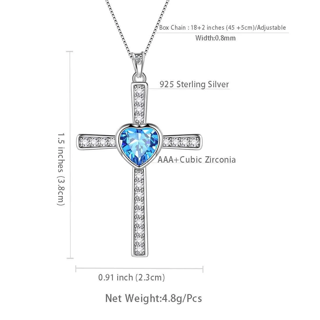 Tokyo Mart Heart Birthstone March Aquamarine Cross Necklace Pendant Women Girls Jewelry Birthday Gift