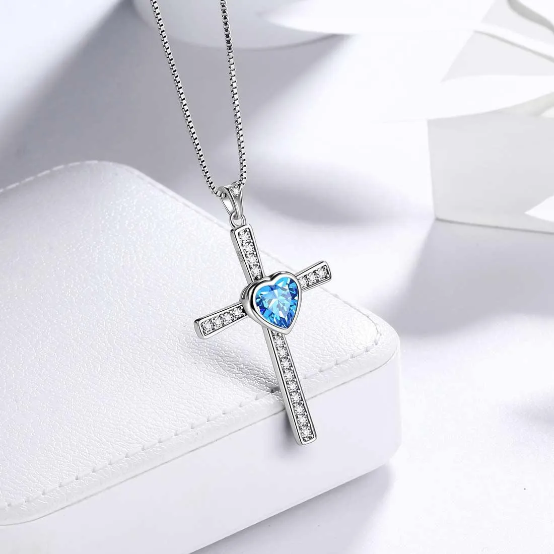 Tokyo Mart Heart Birthstone March Aquamarine Cross Necklace Pendant Women Girls Jewelry Birthday Gift