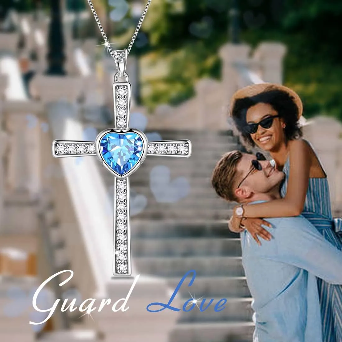 Tokyo Mart Heart Birthstone March Aquamarine Cross Necklace Pendant Women Girls Jewelry Birthday Gift