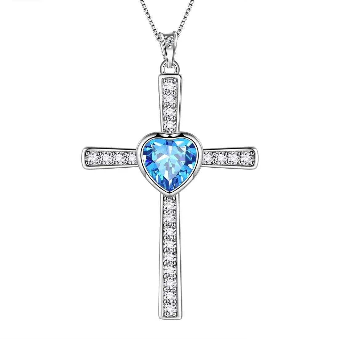 Tokyo Mart Heart Birthstone March Aquamarine Cross Necklace Pendant Women Girls Jewelry Birthday Gift