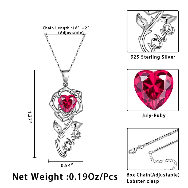 Tokyo Mart Rose Love Neckalce,925 Sterling Silver Birthstone Pendant Necklace Jewelry Gifts for Women