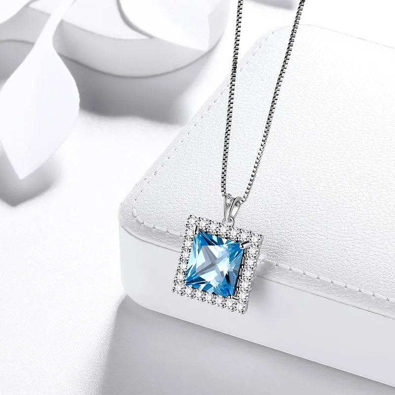 Tokyo Mart Square Birthstone March Aquamarine Necklace Pendant Women Girls Jewelry Birthday Gifts Sterling Silver