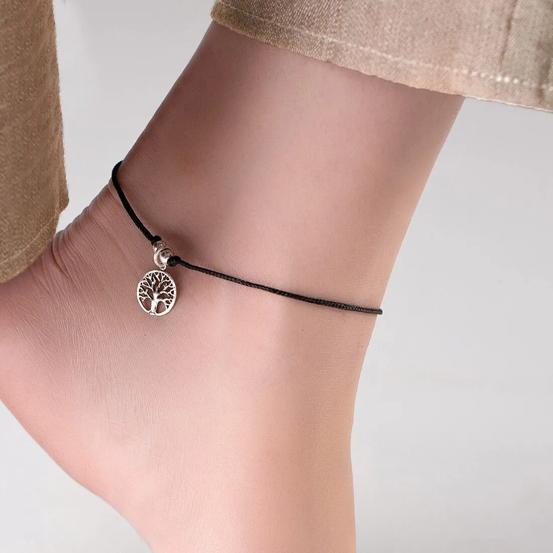 Tree of Life Rhodium Plated 925 Sterling Silver Thread Anklet