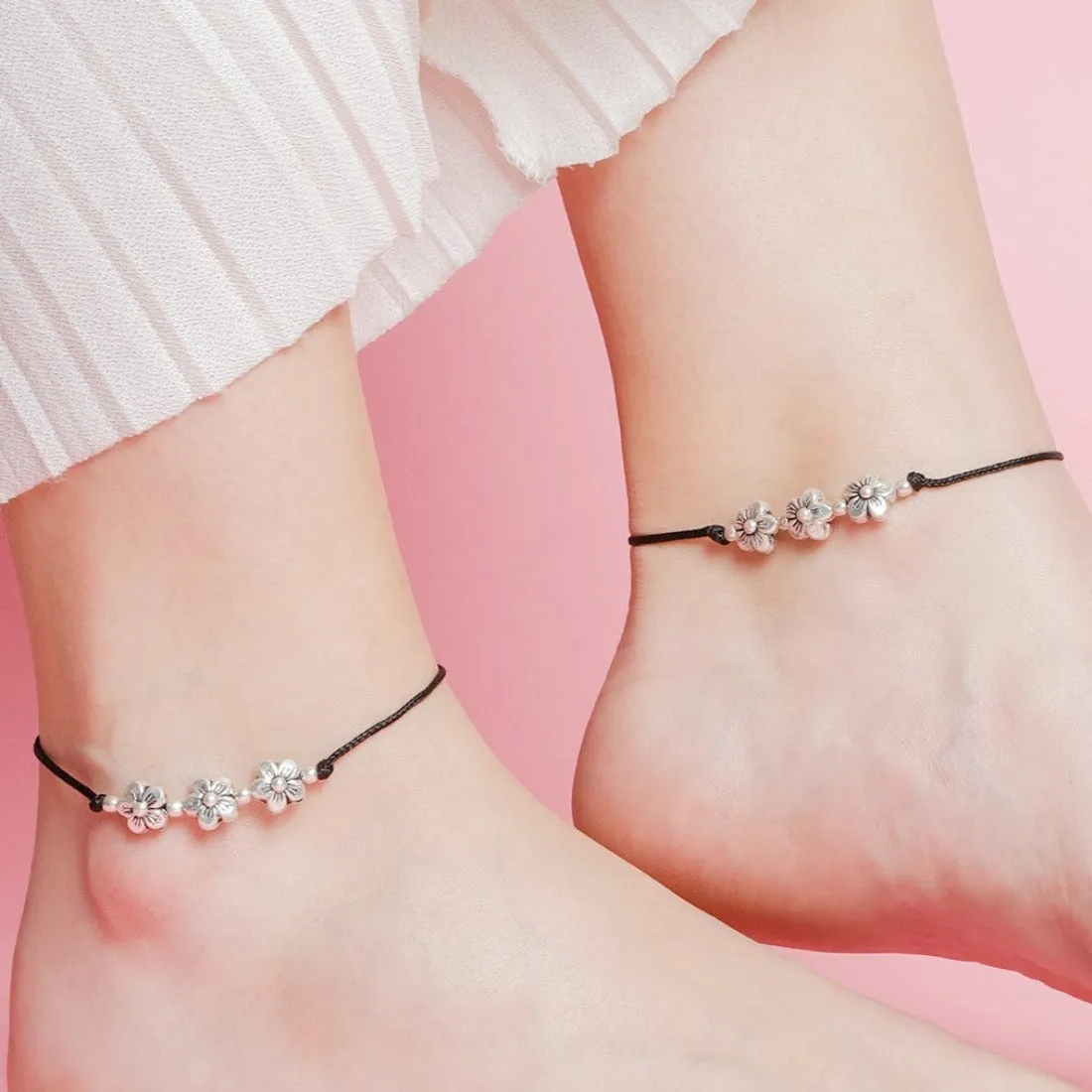 Triple Floral Rhodium Plated 925 Sterling Silver Tread Anklet